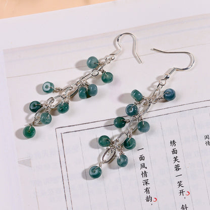 Natural Blue Green Jade Earrings with Tassel | Chinese Style Light Luxury Women's Jewelry