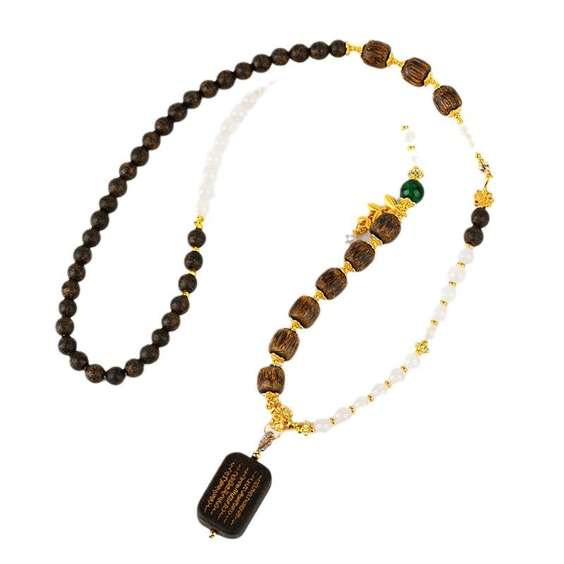 Sacred Agarwood White Agate Necklace with Five Sutra Pendant - Spiritual Protection Beads