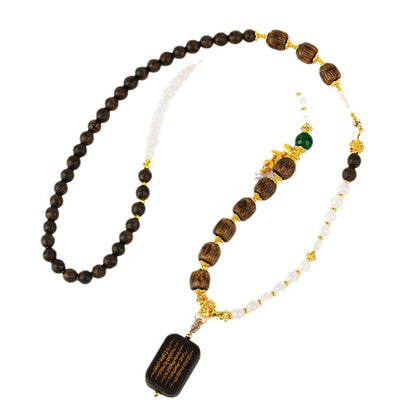 Sacred Agarwood White Agate Necklace with Five Sutra Pendant - Spiritual Protection Beads
