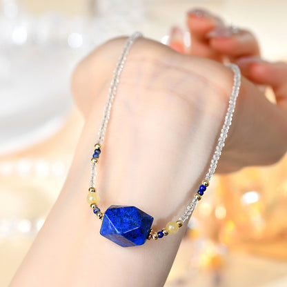 Natural White Crystal Lapis Lazuli Yellow Rutilated Quartz Collarbone Necklace | Spiritual Energy Protection & Wealth Attraction