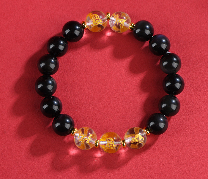 Red Agate Obsidian White Crystal Zodiac Bracelet | Three-in-One Six-in-One Lucky Bead Unisex Spiritual Jewelry