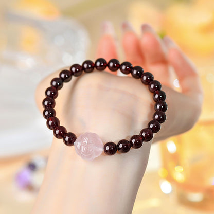 Natural Crystal Garnet Rose Quartz Fox Bracelet - Chinese Style Women's Spiritual Jewelry