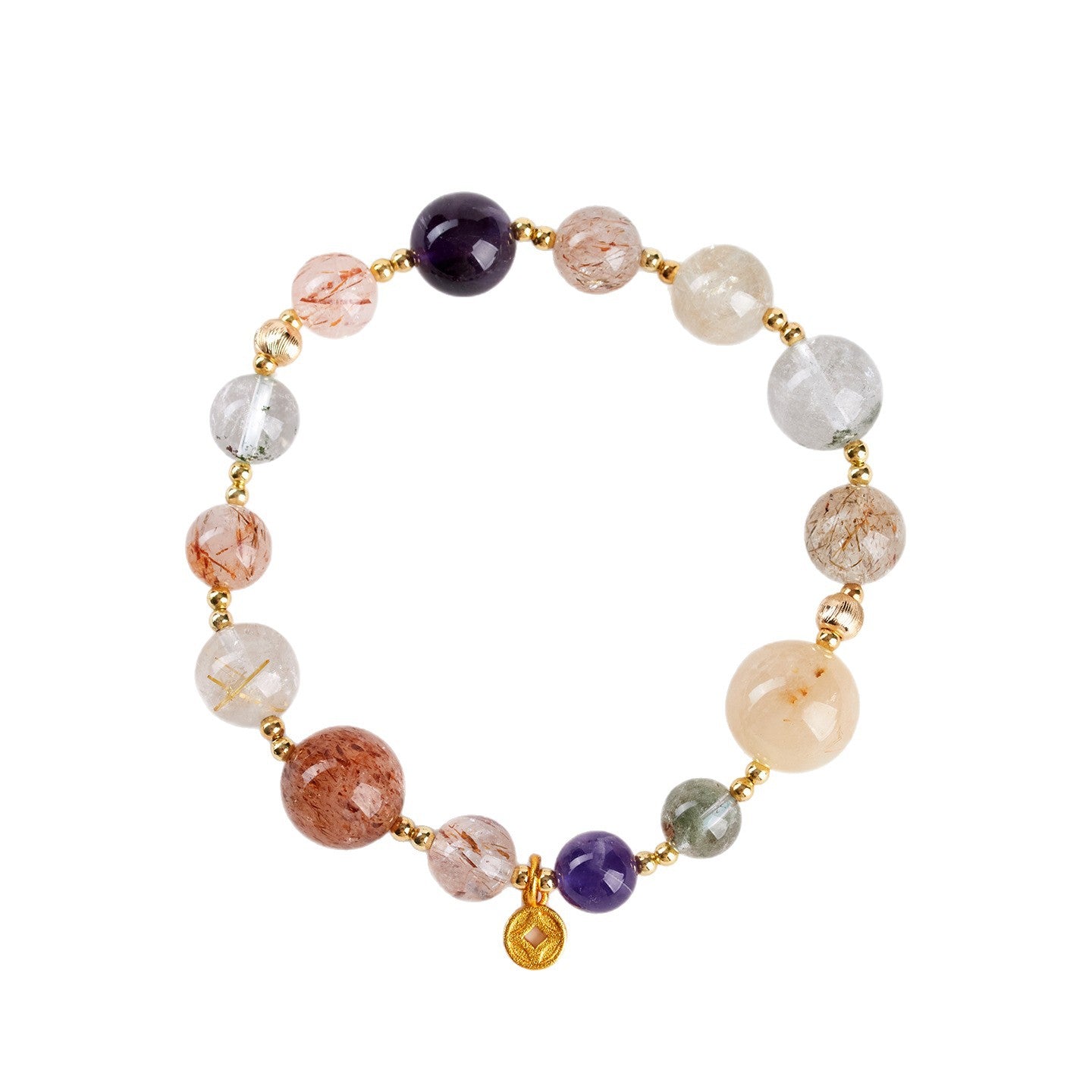 Natural Crystal Multi-Gem Bracelet with Amethyst and Golden Rutilated Quartz | Spiritual Protection & Wealth Energy