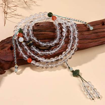 Natural White Crystal 108-Bead Bracelet with Hetian Jade & Red Agate | Buddhist Spiritual Jewelry
