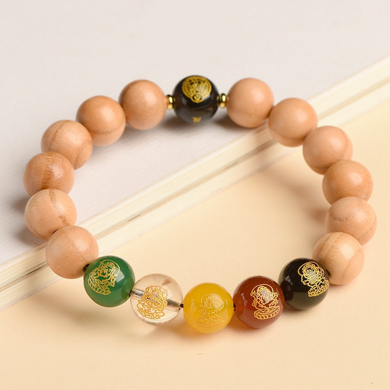 Taishan Peach Wood Zodiac Buddha Wealth God Bracelet - Spiritual Protection & Fortune Amulet