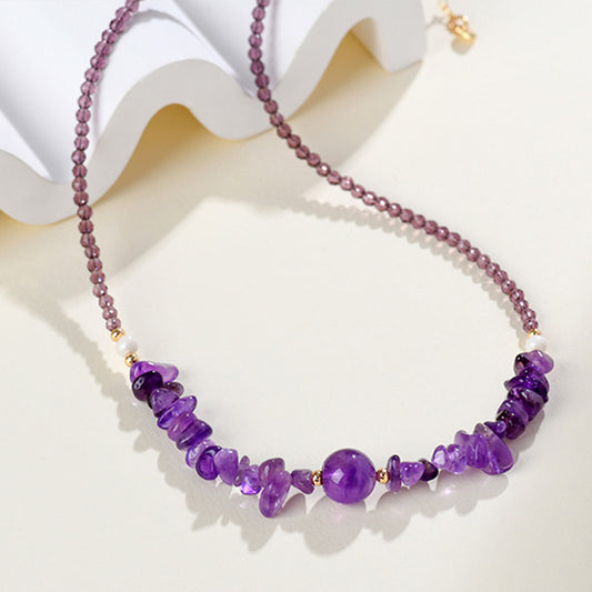 Natural Amethyst Rose Quartz Aquamarine Crushed Stone Collarbone Necklace - Romantic Women's Spiritual Jewelry