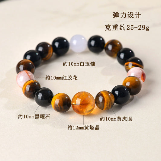 Natural Crystal Multi-Gem Bracelet with Yellow Tiger Eye and Obsidian - Spiritual Energy and Protection