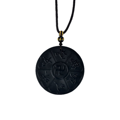 Natural Obsidian Six-Word Mantra Pendant with Swastika - Lucky Protection Amulet Necklace
