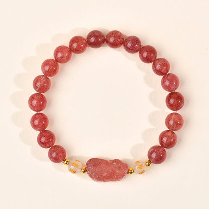 Natural Strawberry Quartz Obsidian Couple Pixiu Bracelet - Wealth and Love Talisman