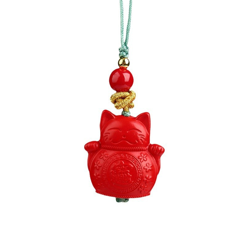 Natural High Content Cinnabar Lucky Cat Charm - Imperial Red Sand Phone Pendant for Wealth & Protection