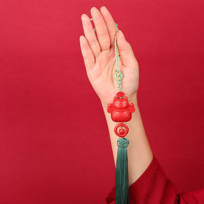 Natural Cinnabar Lucky Cat Car Charm | Imperial Red Sand Amulet for Wealth & Safe Travels