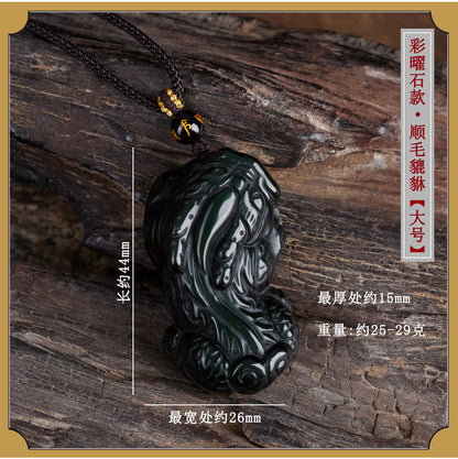 Natural Obsidian Pixiu Pendant Necklace | Chinese Style Unisex Wealth Talisman