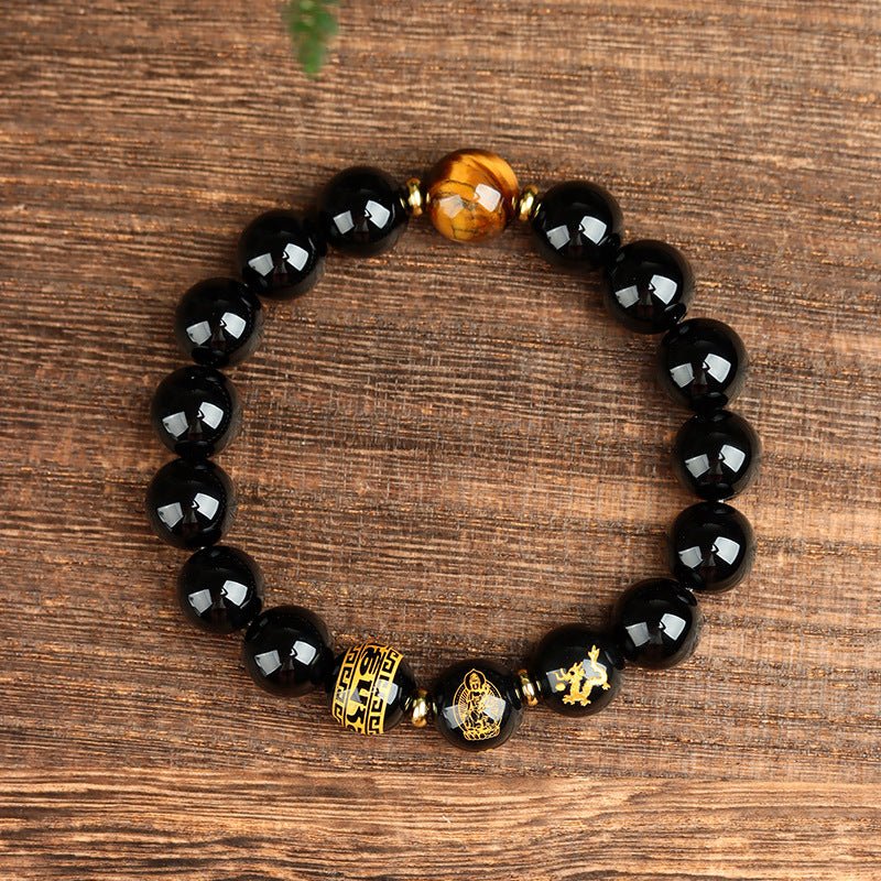 Natural Obsidian Zodiac Guardian Buddha Bracelet with Tiger Eye & Agate - Six-Word Mantra Spiritual Protection