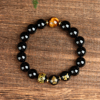 Natural Obsidian Zodiac Guardian Buddha Bracelet with Tiger Eye & Agate - Six-Word Mantra Spiritual Protection