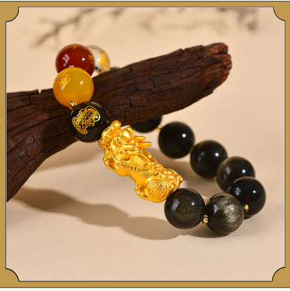 Natural Ice Obsidian Five-Way Wealth God Pixiu Bracelet for Zodiac Year Fortune