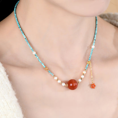 Natural Turquoise and Red Agate Collarbone Chain - Women's Spiritual Protection Necklace