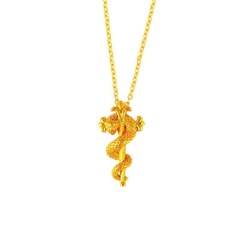 Golden Snake Scepter Pendant Necklace - Chinese Zodiac Snake Year Blessing Chain