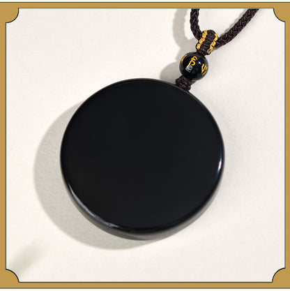 Natural Obsidian Round Pendant Necklace for Zodiac Year Protection and Peace