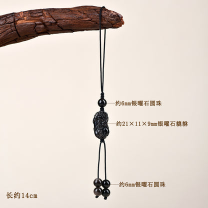 Natural Silver Obsidian Pixiu Phone Chain - Handmade Wealth Attraction Pendant