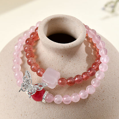 Natural Rose Quartz Strawberry Quartz Butterfly Double Circle Love Bracelet for Women
