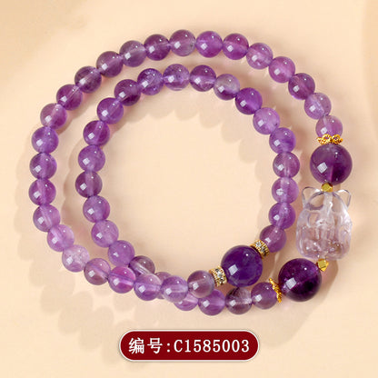 Natural Amethyst Nine-Tailed Fox Double Circle Bracelet - Mystical Chinese Style Women's Jewelry