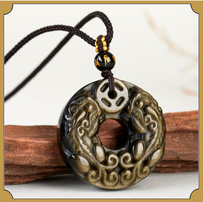 Natural Black Ice Obsidian Double Pixiu Pendant Necklace - Wealth & Protection Talisman