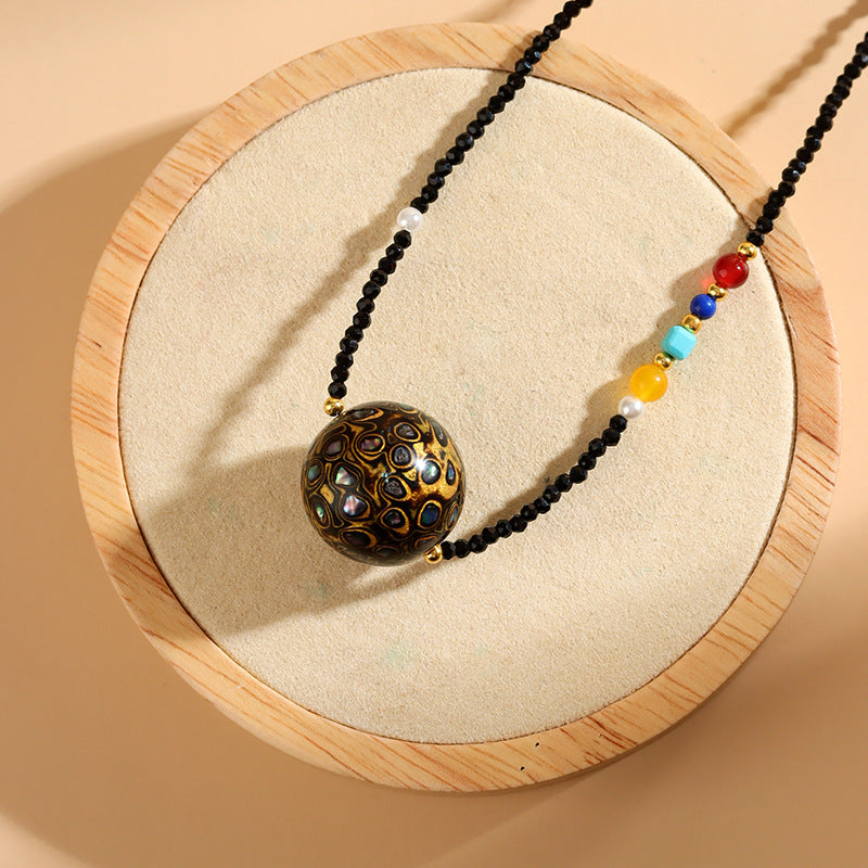 Mother-of-Pearl Lacquer Bead Black Spinel Collarbone Necklace | Intangible Heritage Craft Elegance
