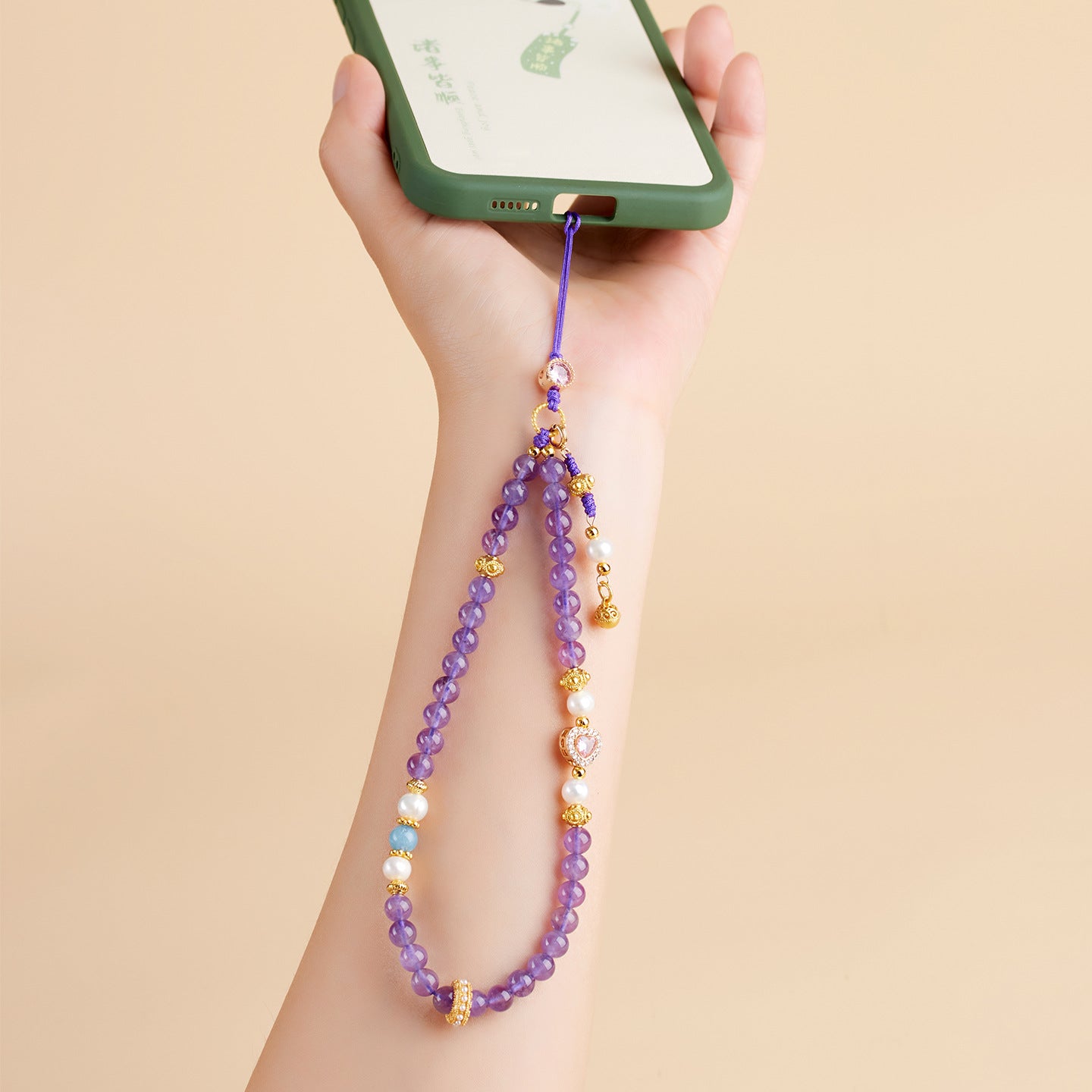 Natural Amethyst Pearl Phone Chain - Chinese Style Feng Shui Pendant for Protection and Luck
