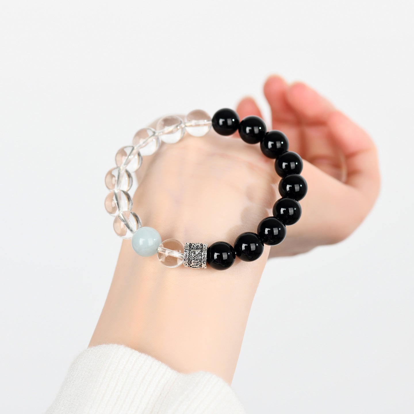 Pure White Crystal Obsidian Aquamarine Bracelet | Spiritual Cleansing & Elegant Protection