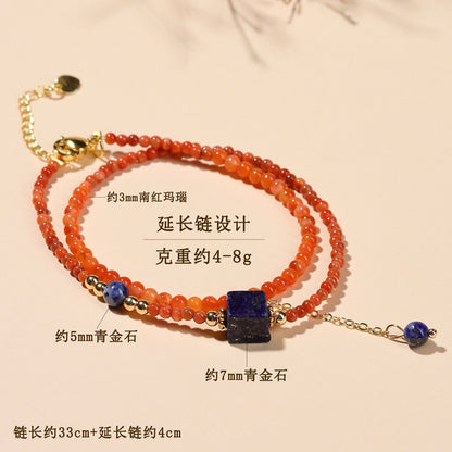 Natural Southern Red Agate & Lapis Lazuli Sugar Cube Double Circle Bracelet with Extension Chain