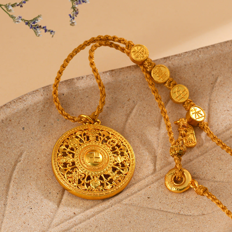 Golden Eight Treasures Compass Pendant with Fu and Swastika Charm Necklace