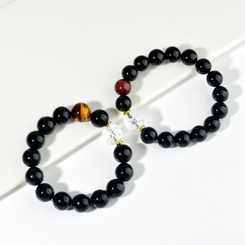 Natural Obsidian Bracelet with White Crystal Lion Awakening - Unisex Spiritual Protection Beaded Jewelry