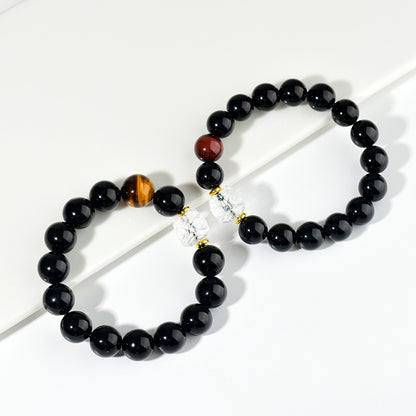 Natural Obsidian Bracelet with White Crystal Lion Awakening - Unisex Spiritual Protection Beaded Jewelry