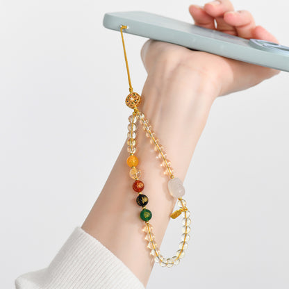 Natural Yellow Crystal Five-Way Wealth God Pixiu Phone Pendant - Wealth Attraction Charm