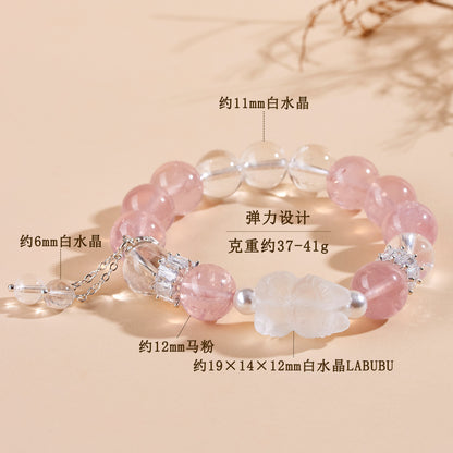 Natural Pink White Crystal LABUBU Bracelet - Peach Aura Love Energy Women's Fashion Jewelry