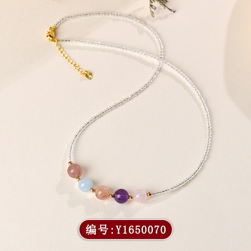 Natural Crystal Multi-Gem Collarbone Necklace with Strawberry Quartz and Aquamarine | Spiritual Energy Jewelry