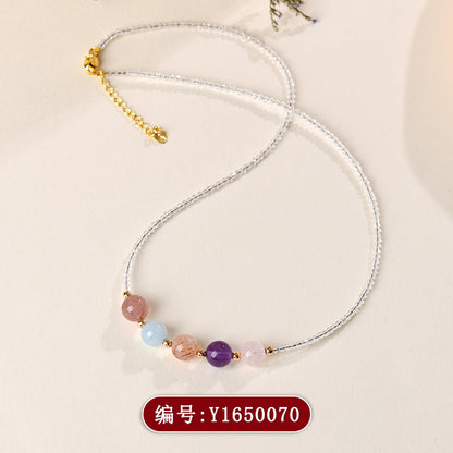 Natural Crystal Multi-Gem Collarbone Necklace with Strawberry Quartz and Aquamarine | Spiritual Energy Jewelry