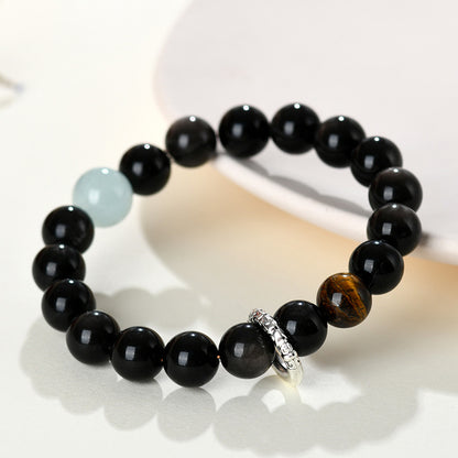 Natural Crystal Silver Obsidian Aquamarine Tiger Eye Bracelet - Women's Mystical Protection & Luck Charm