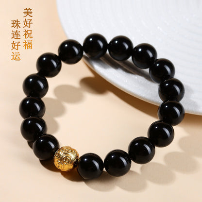 Natural Obsidian Gold Copper Coin Bead Bracelet - Chinese Style Unisex Protection Wealth Charm