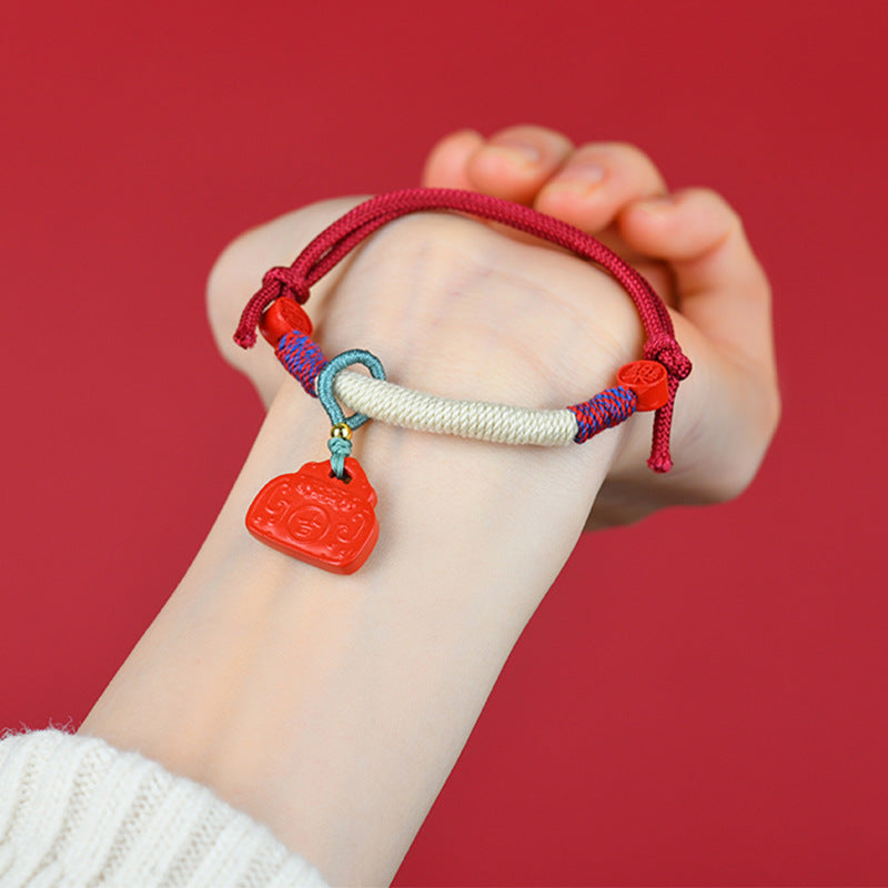 Natural Cinnabar Ruyi Lock Tibetan Bracelet - Auspicious Protection Handmade Red Rope