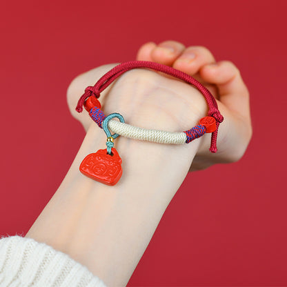 Natural Cinnabar Ruyi Lock Tibetan Bracelet - Auspicious Protection Handmade Red Rope
