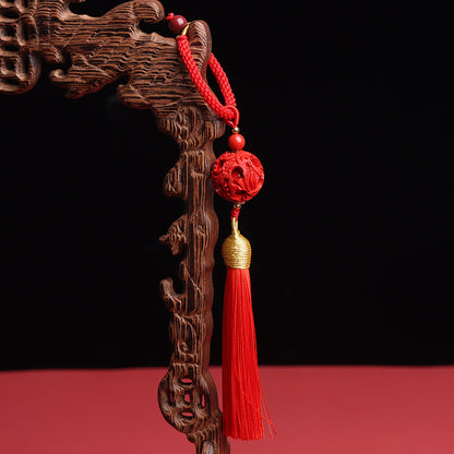 Imperial Cinnabar Hollow Dragon Phoenix Fortune Bead Keychain Pendant Charm