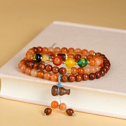 Golden Silk Jade Rosewood Three-Circle Bracelet: Five-Way God of Wealth Talisman for Prosperity