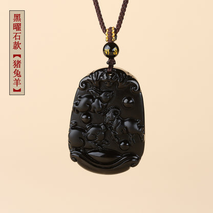 Natural Ice Obsidian Zodiac Triad Pendant Necklace｜Birth Year Protection & Harmony