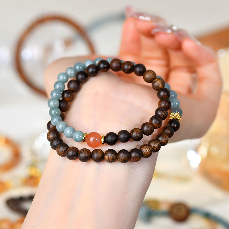 Vietnam Nha Trang Agarwood Blue Jade Double Circle Bracelet - Buddhist Beads for Harmony and Protection