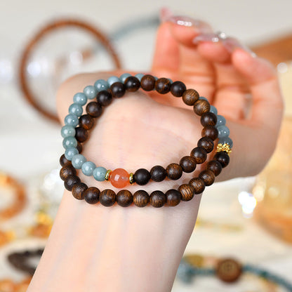 Vietnam Nha Trang Agarwood Blue Jade Double Circle Bracelet - Buddhist Beads for Harmony and Protection