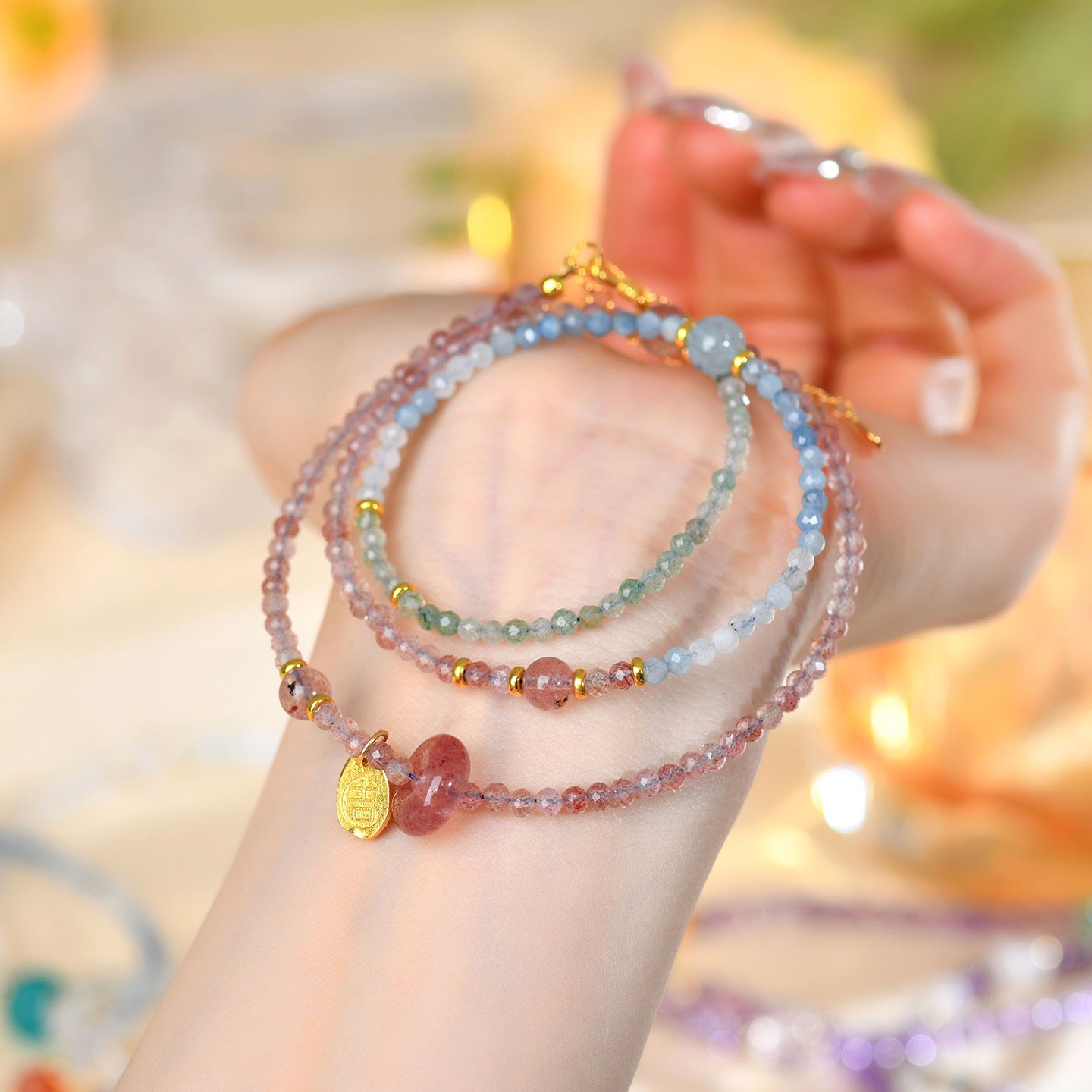 Natural Aquamarine Strawberry Crystal Collarbone Necklace | Elegant Protection & Luck Charm