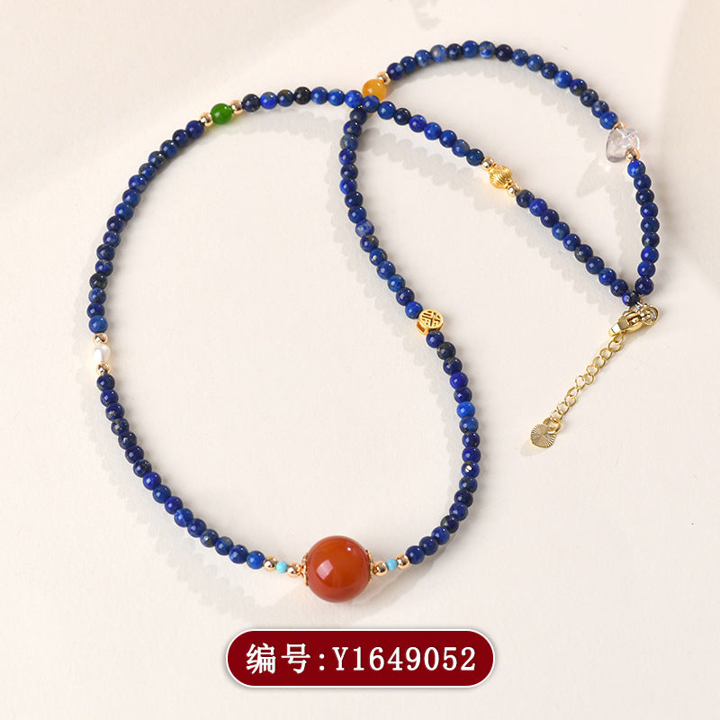 Natural Lapis Lazuli and Southern Red Agate Collarbone Necklace | Wisdom and Protection Talisman