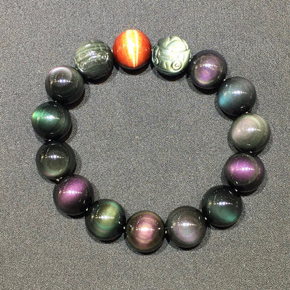 Natural Rainbow Double-Eyed Obsidian Carved Pixiu Bracelet with Red Tiger Crystal - Wealth Guardian Amulet