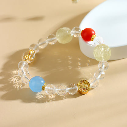 Five-Way God of Wealth Golden Crystal Bracelet | Four Directions Gather Gold Natural White Crystal Unisex Couple Amulet